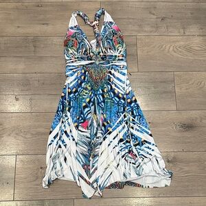 Y2K Blue Tropical Halter Dress